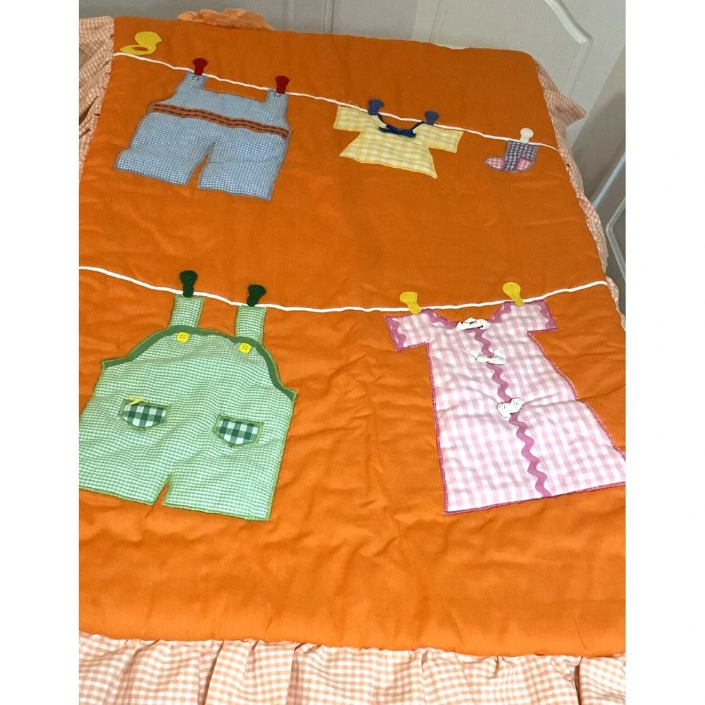 Vintage Baby Blanket Quilt Comforter 60 x 37 Clothes‎ Line Orange Gingham RARE